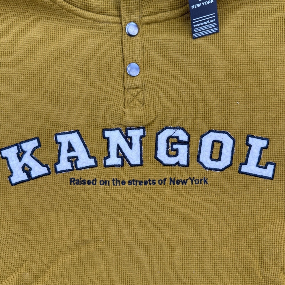 Kangol Hoodie Mens Small Mustard Yellow Sherpa Lined Waffle Knit Henley Pullover - Picture 2 of 9